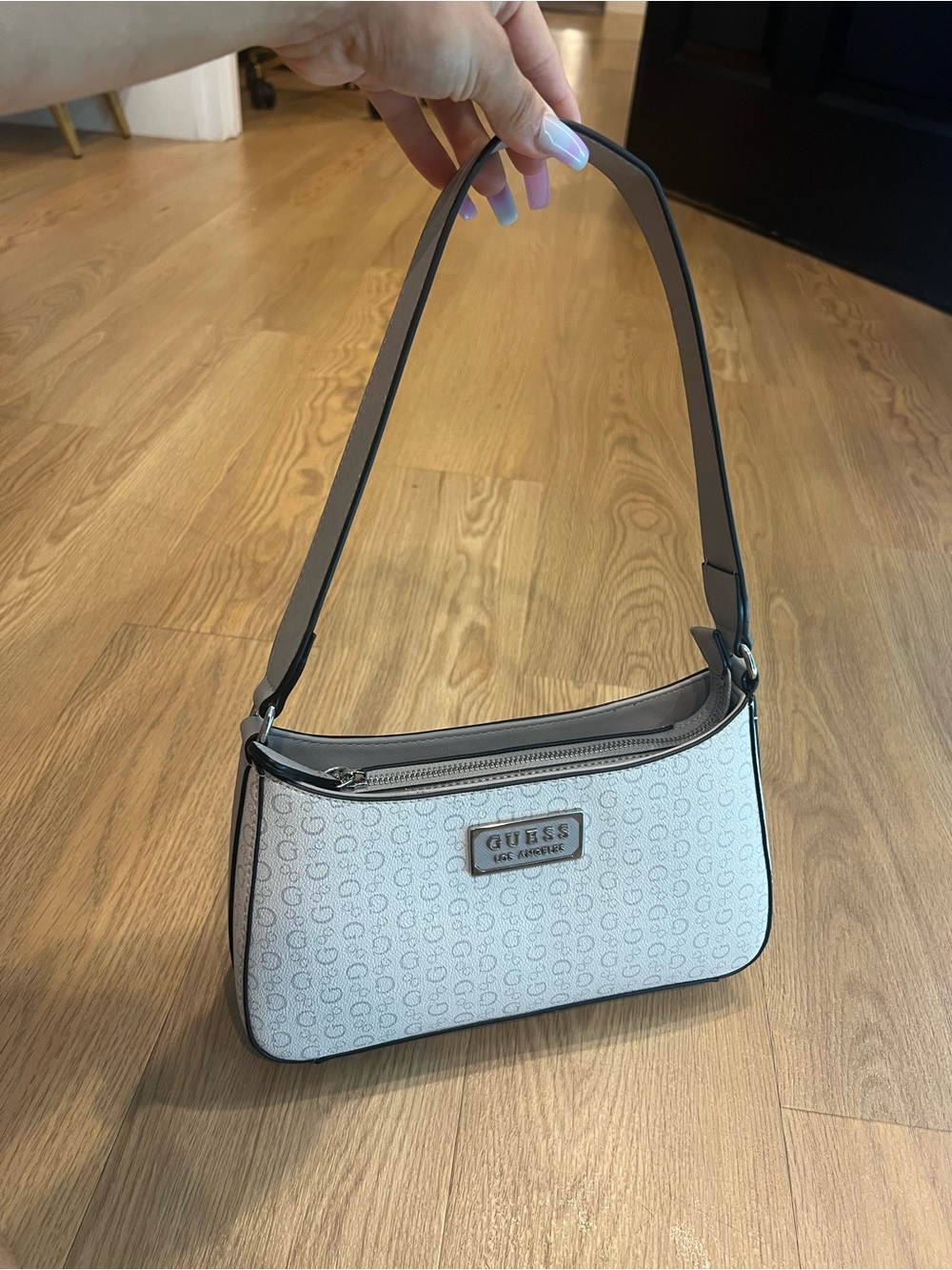 GUESS Grey Monogram Mini Shoulder Bag with Gray Trim